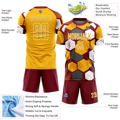 Custom Crimson Gold-White Geometric Shape Sublimation Soccer Uniform Jersey