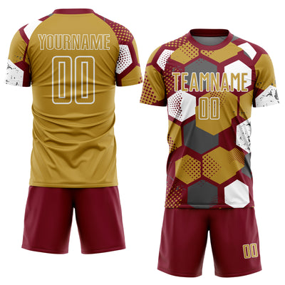 Custom Crimson Old Gold-White Geometric Shape Sublimation Soccer Uniform Jersey