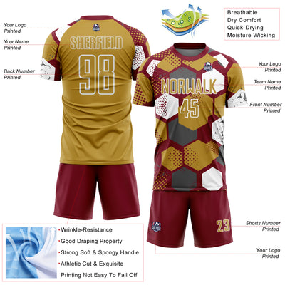 Custom Crimson Old Gold-White Geometric Shape Sublimation Soccer Uniform Jersey
