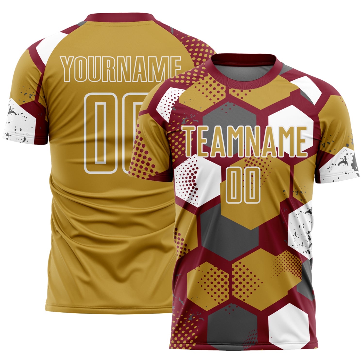 Custom Crimson Old Gold-White Geometric Shape Sublimation Soccer Uniform Jersey