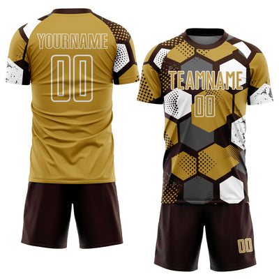 Custom Brown Old Gold-White Geometric Shape Sublimation Soccer Uniform Jersey
