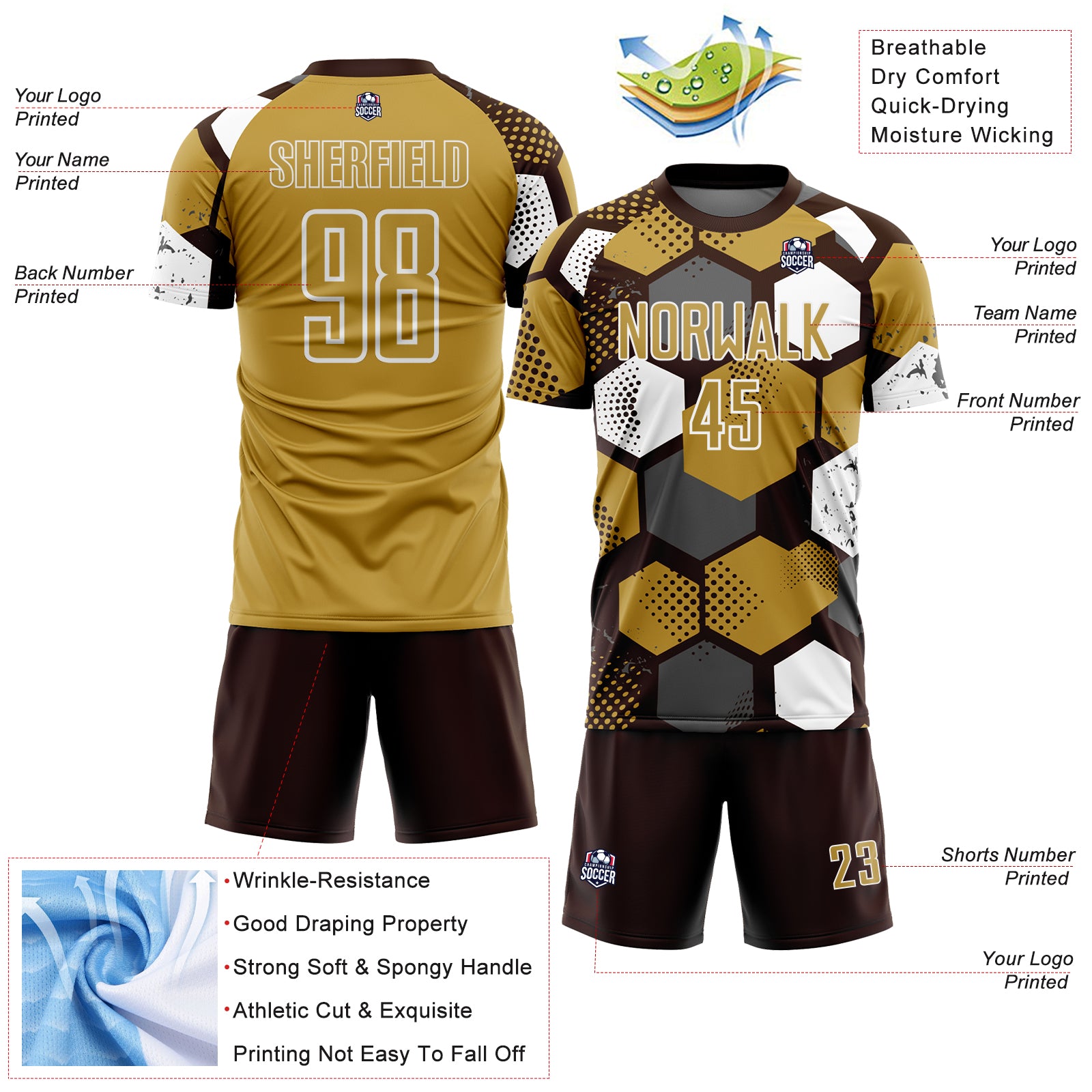 Custom Brown Old Gold-White Geometric Shape Sublimation Soccer Uniform Jersey