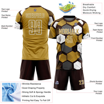 Custom Brown Old Gold-White Geometric Shape Sublimation Soccer Uniform Jersey