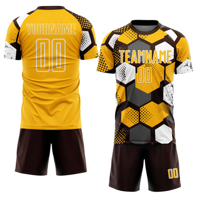 Custom Brown Gold-White Geometric Shape Sublimation Soccer Uniform Jersey