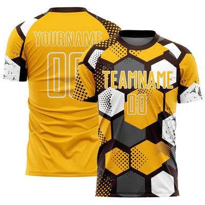 Custom Brown Gold-White Geometric Shape Sublimation Soccer Uniform Jersey