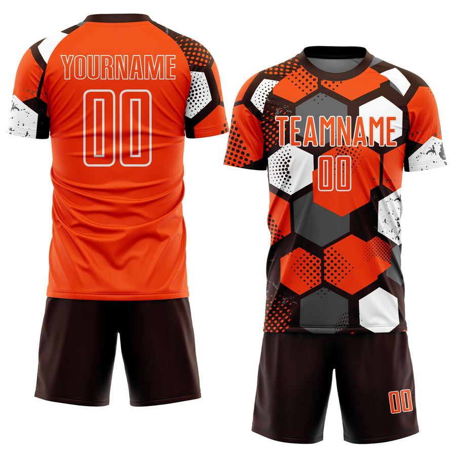Custom Brown Orange-White Geometric Shape Sublimation Soccer Uniform Jersey