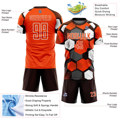 Custom Brown Orange-White Geometric Shape Sublimation Soccer Uniform Jersey