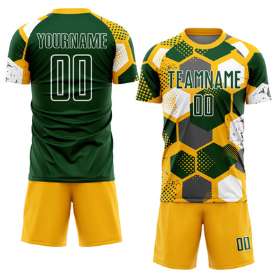 Custom Gold Green-White Geometric Shape Sublimation Soccer Uniform Jersey