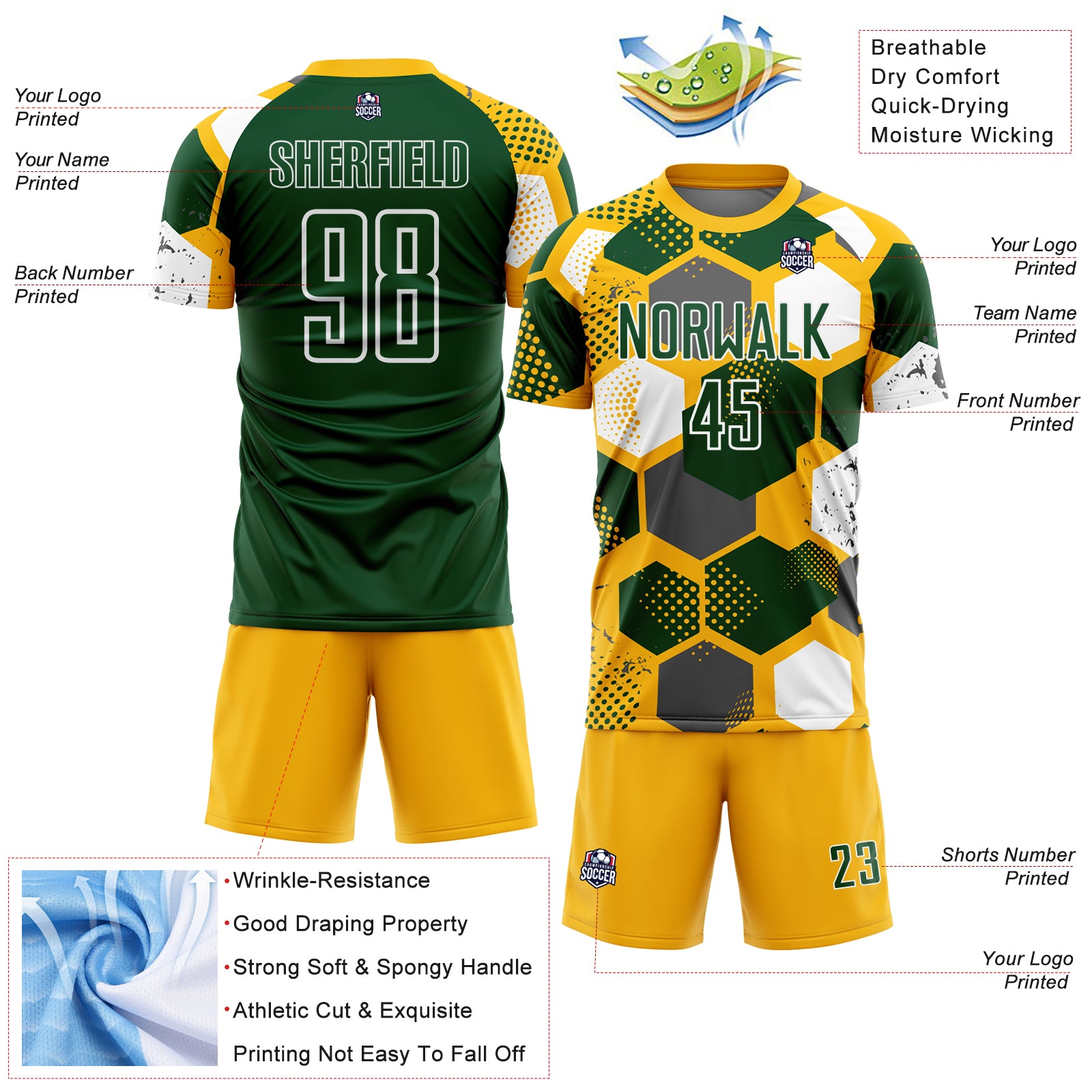 Custom Gold Green-White Geometric Shape Sublimation Soccer Uniform Jersey