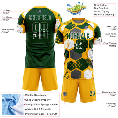 Custom Gold Green-White Geometric Shape Sublimation Soccer Uniform Jersey