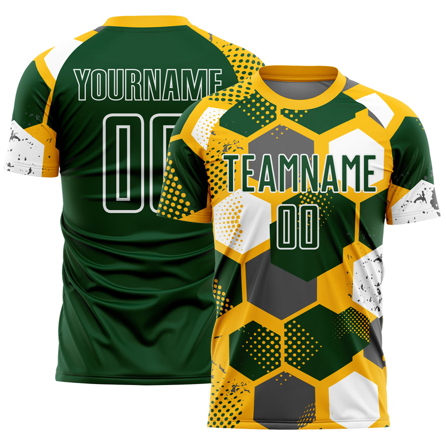 Custom Gold Green-White Geometric Shape Sublimation Soccer Uniform Jersey