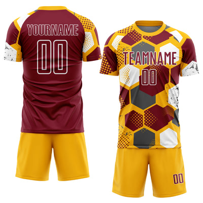 Custom Gold Crimson-White Geometric Shape Sublimation Soccer Uniform Jersey
