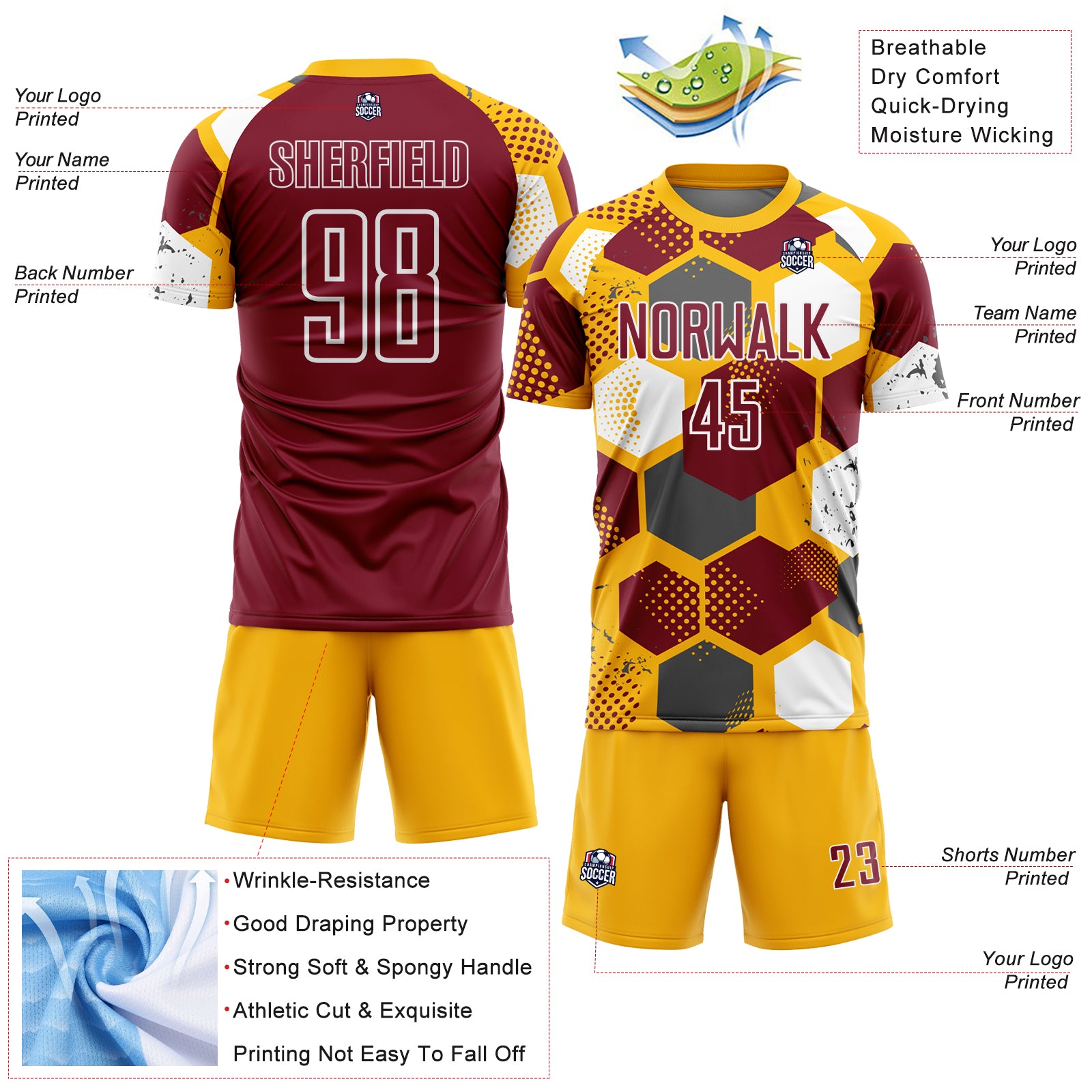 Custom Gold Crimson-White Geometric Shape Sublimation Soccer Uniform Jersey
