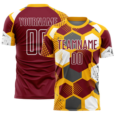 Custom Gold Crimson-White Geometric Shape Sublimation Soccer Uniform Jersey