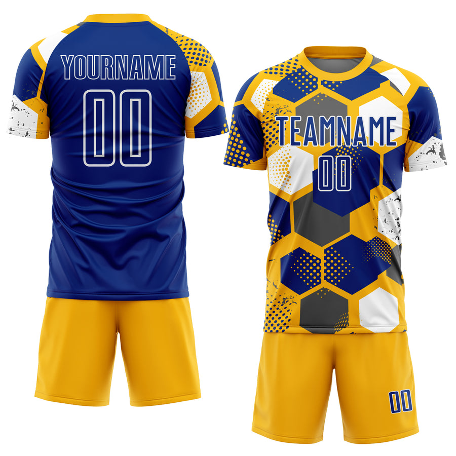 Custom Gold Royal-White Geometric Shape Sublimation Soccer Uniform Jersey