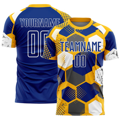 Custom Gold Royal-White Geometric Shape Sublimation Soccer Uniform Jersey