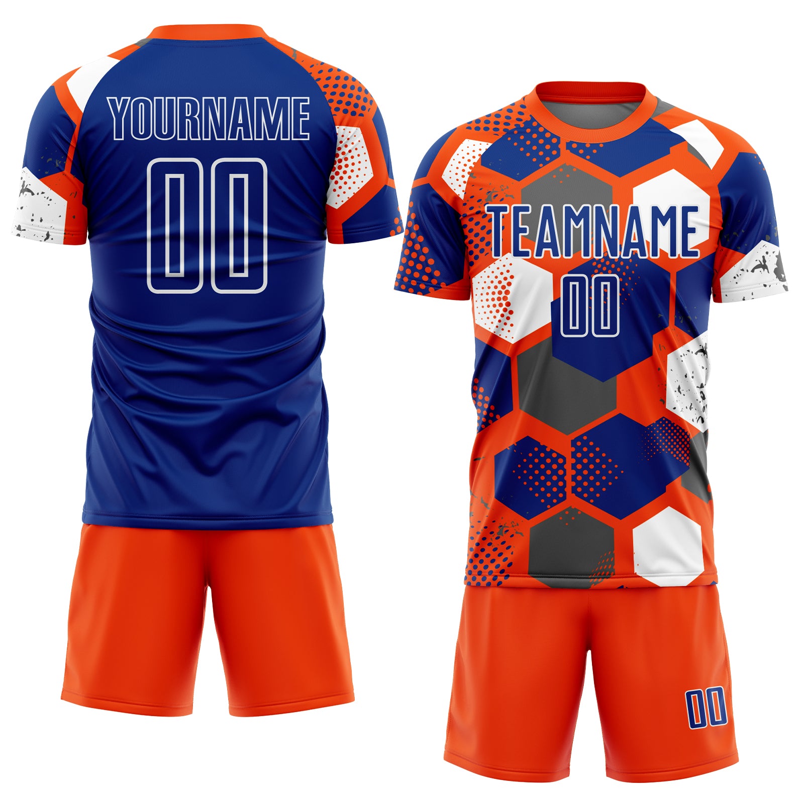 Custom Orange Royal-White Geometric Shape Sublimation Soccer Uniform Jersey