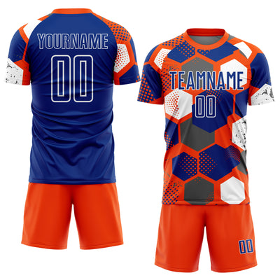 Custom Orange Royal-White Geometric Shape Sublimation Soccer Uniform Jersey