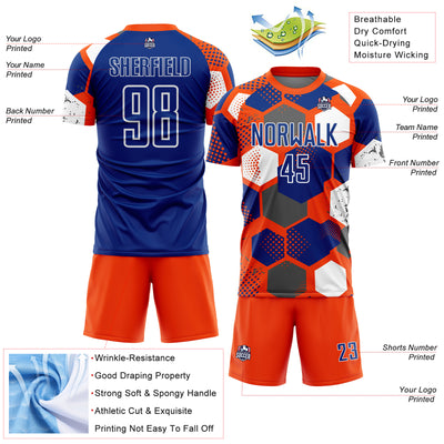Custom Orange Royal-White Geometric Shape Sublimation Soccer Uniform Jersey