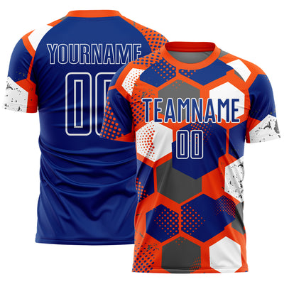 Custom Orange Royal-White Geometric Shape Sublimation Soccer Uniform Jersey