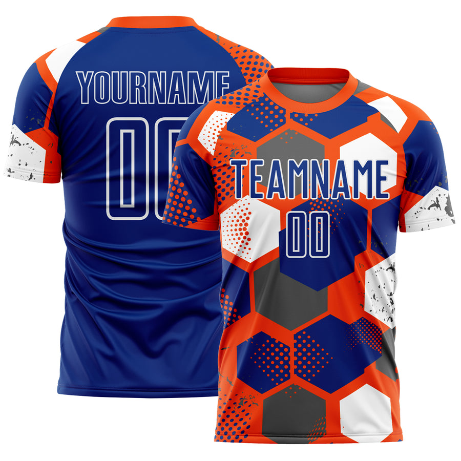 Custom Orange Royal-White Geometric Shape Sublimation Soccer Uniform Jersey
