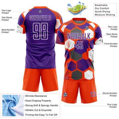 Custom Orange Purple-White Geometric Shape Sublimation Soccer Uniform Jersey