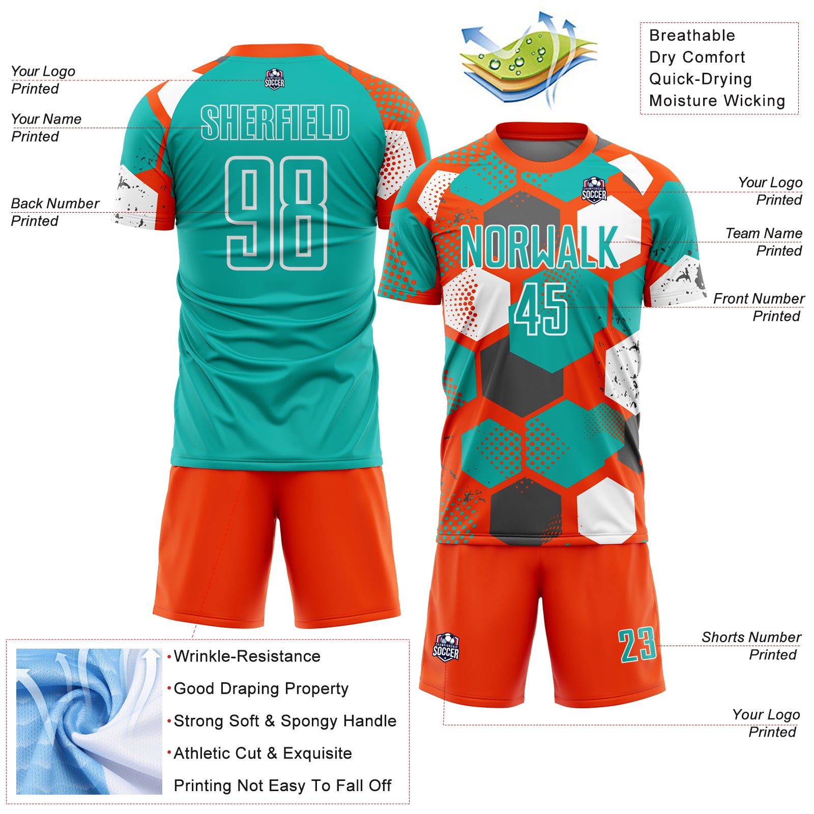 Custom Orange Aqua-White Geometric Shape Sublimation Soccer Uniform Jersey