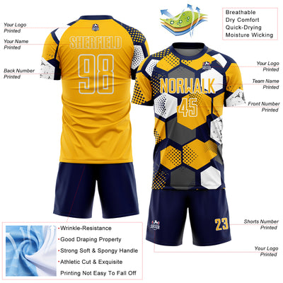 Custom Navy Gold-White Geometric Shape Sublimation Soccer Uniform Jersey