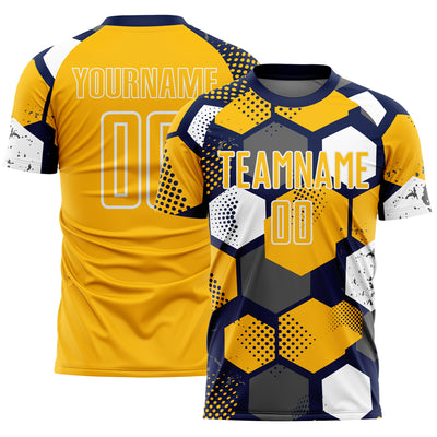 Custom Navy Gold-White Geometric Shape Sublimation Soccer Uniform Jersey