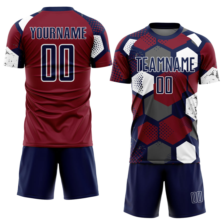 Custom Navy Crimson-White Geometric Shape Sublimation Soccer Uniform Jersey