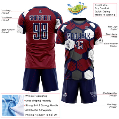 Custom Navy Crimson-White Geometric Shape Sublimation Soccer Uniform Jersey