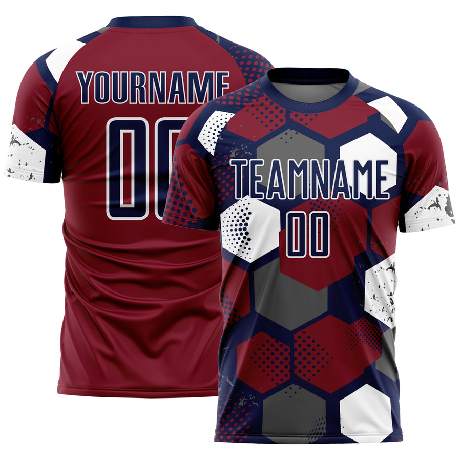 Custom Navy Crimson-White Geometric Shape Sublimation Soccer Uniform Jersey