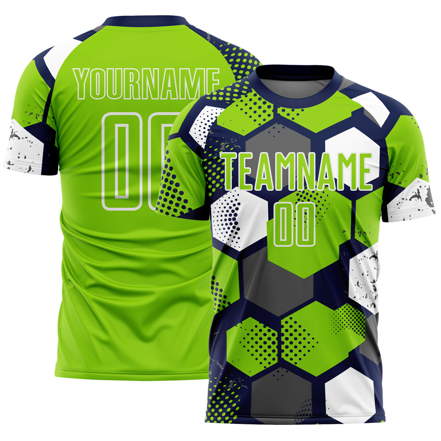 Custom Navy Neon Green-White Geometric Shape Sublimation Soccer Uniform Jersey