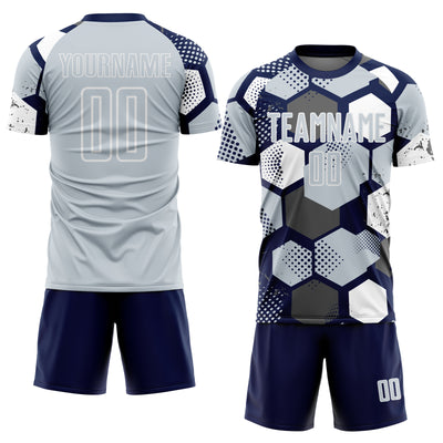 Custom Navy Silver-White Geometric Shape Sublimation Soccer Uniform Jersey