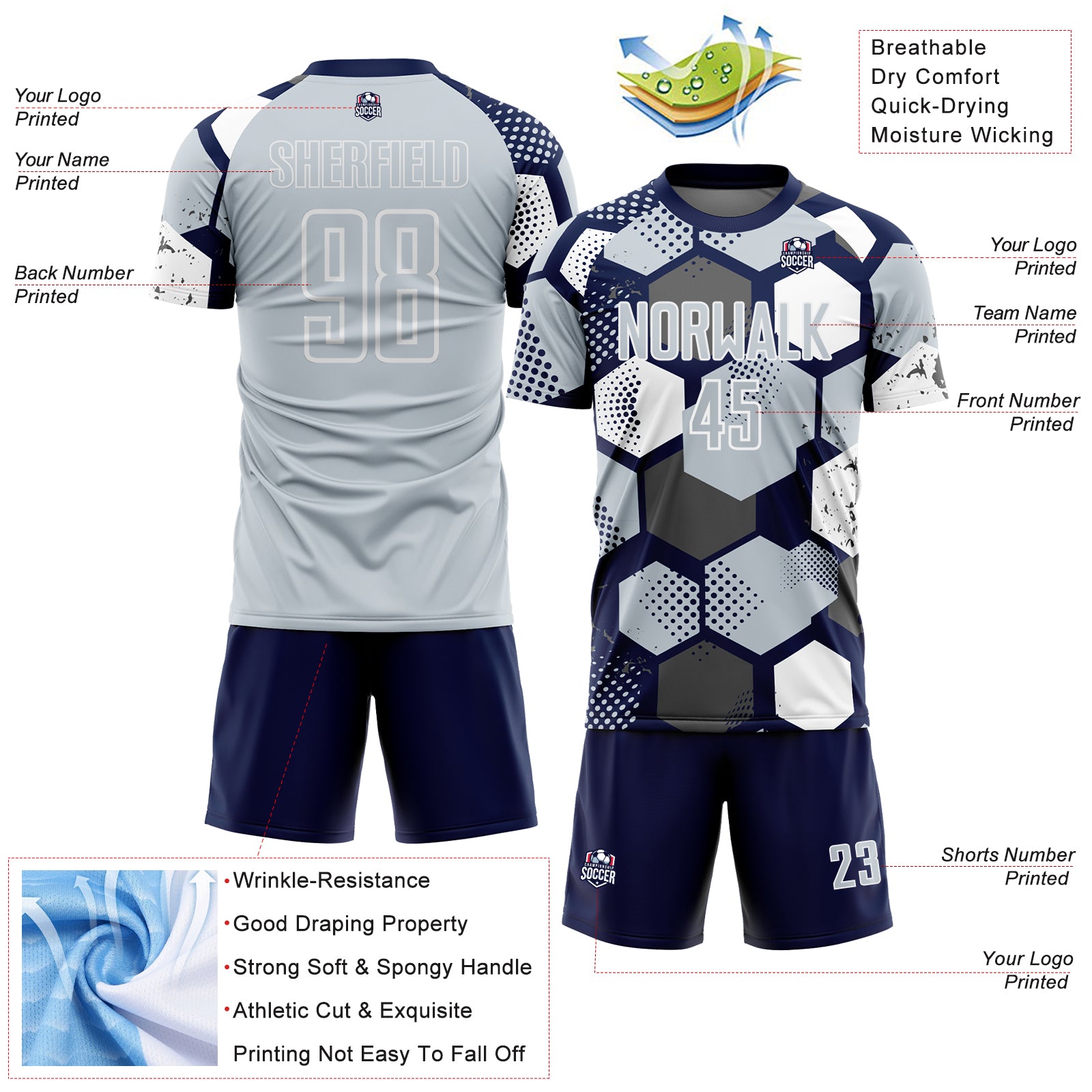 Custom Navy Silver-White Geometric Shape Sublimation Soccer Uniform Jersey