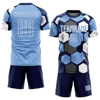 Custom Navy Light Blue-White Geometric Shape Sublimation Soccer Uniform Jersey