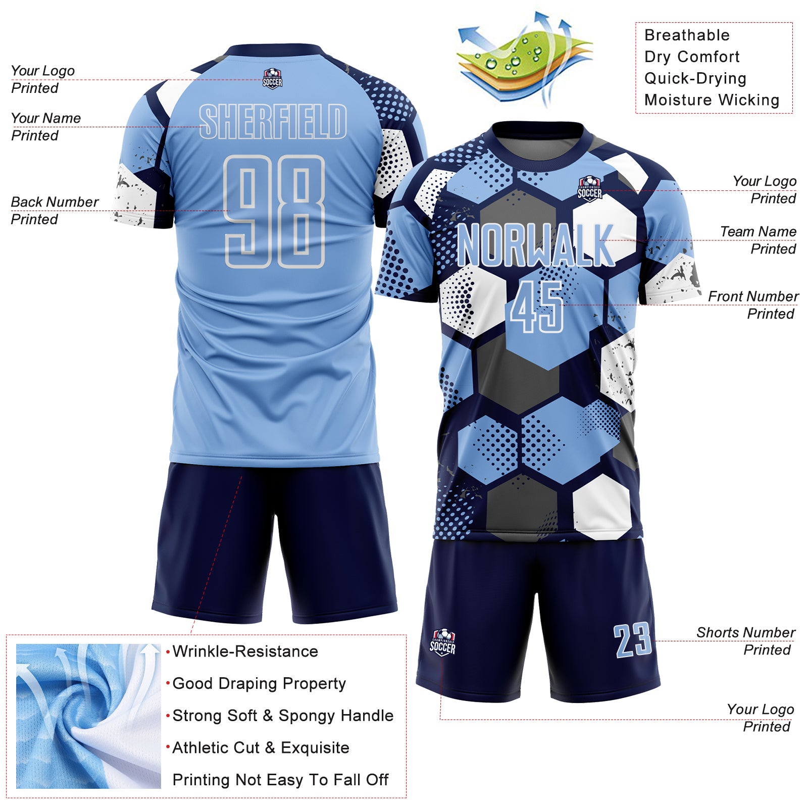Custom Navy Light Blue-White Geometric Shape Sublimation Soccer Uniform Jersey