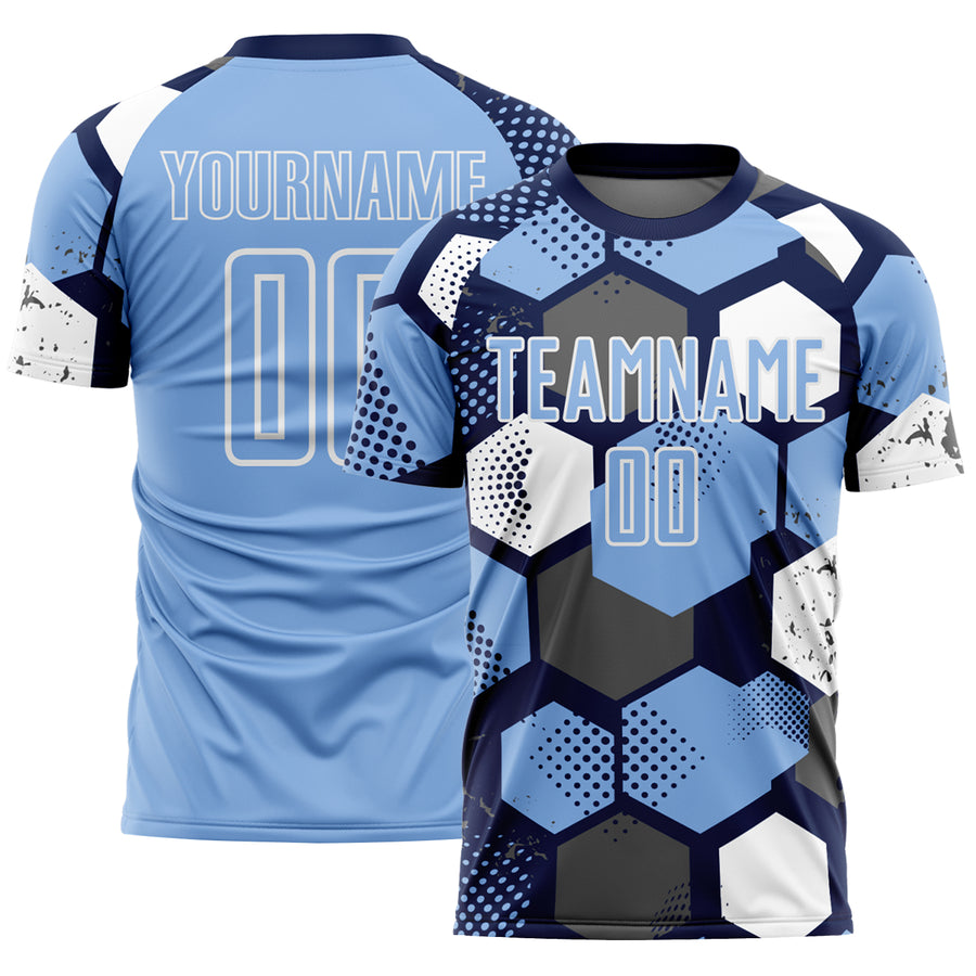 Custom Navy Light Blue-White Geometric Shape Sublimation Soccer Uniform Jersey