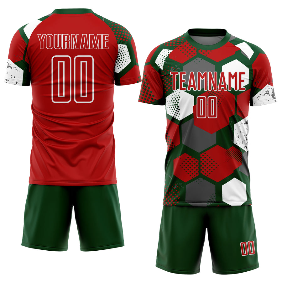 Custom Green Red-White Geometric Shape Sublimation Soccer Uniform Jersey