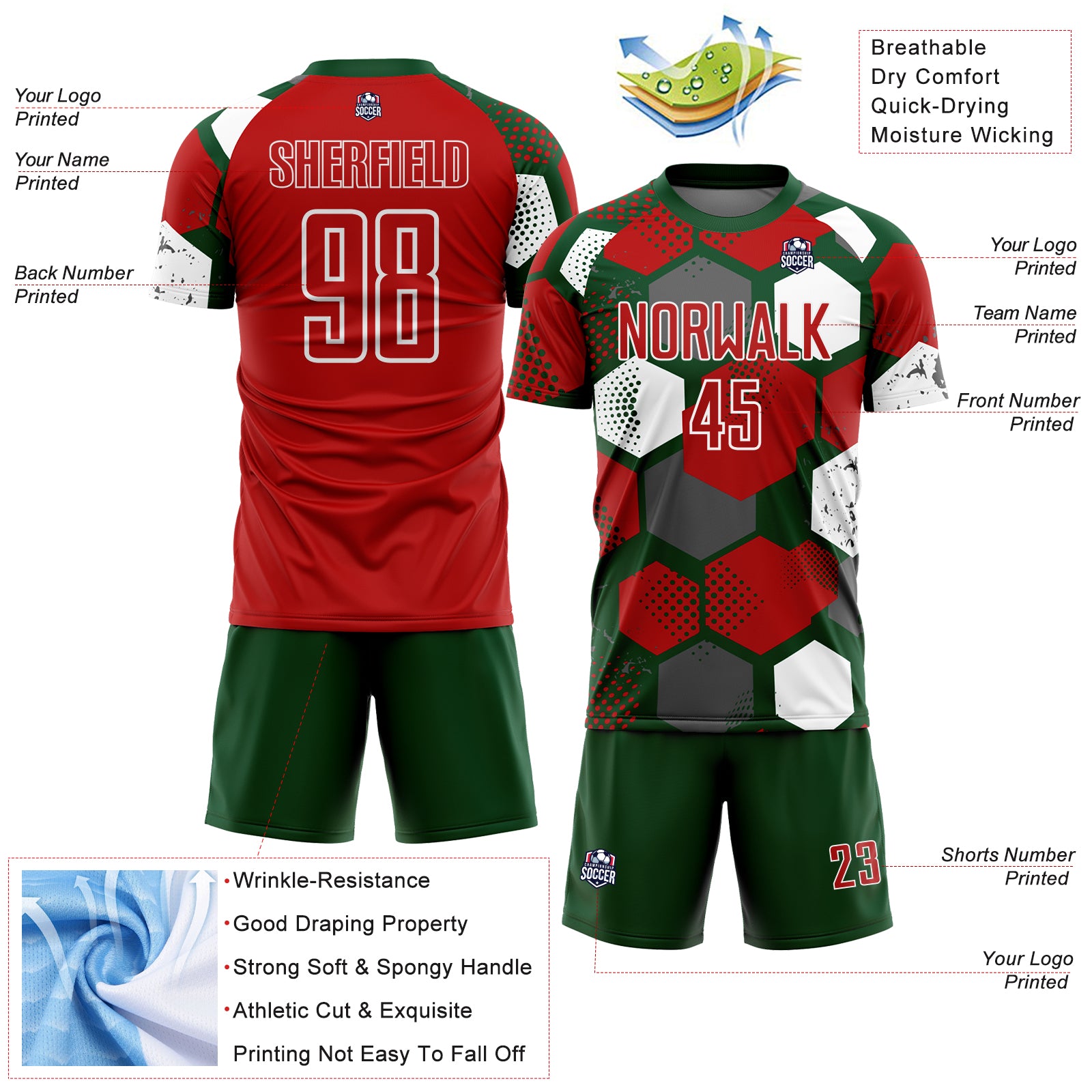 Custom Green Red-White Geometric Shape Sublimation Soccer Uniform Jersey