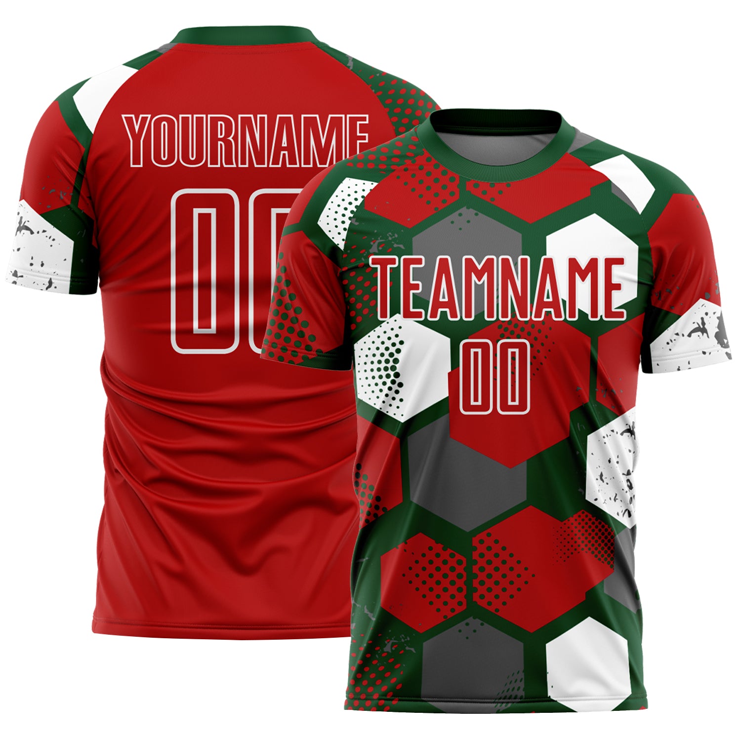 Custom Green Red-White Geometric Shape Sublimation Soccer Uniform Jersey