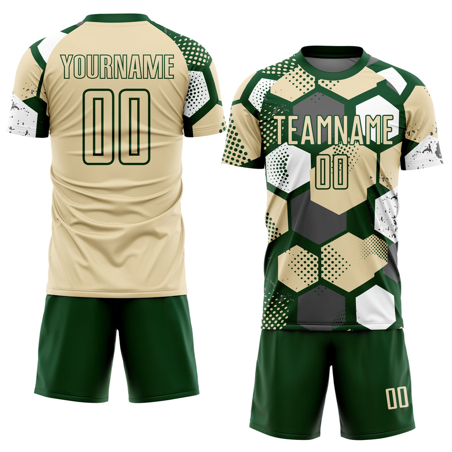 Custom Green Cream-White Geometric Shape Sublimation Soccer Uniform Jersey