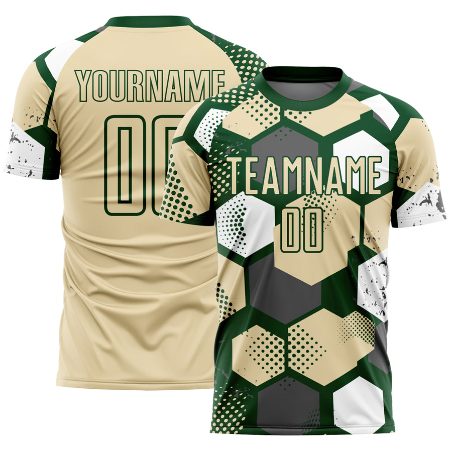 Custom Green Cream-White Geometric Shape Sublimation Soccer Uniform Jersey
