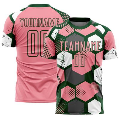 Custom Green Medium Pink-White Geometric Shape Sublimation Soccer Uniform Jersey