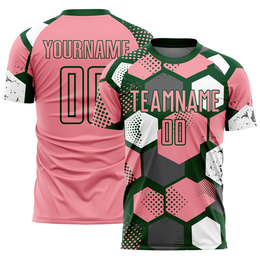 Custom Green Medium Pink-White Geometric Shape Sublimation Soccer Uniform Jersey