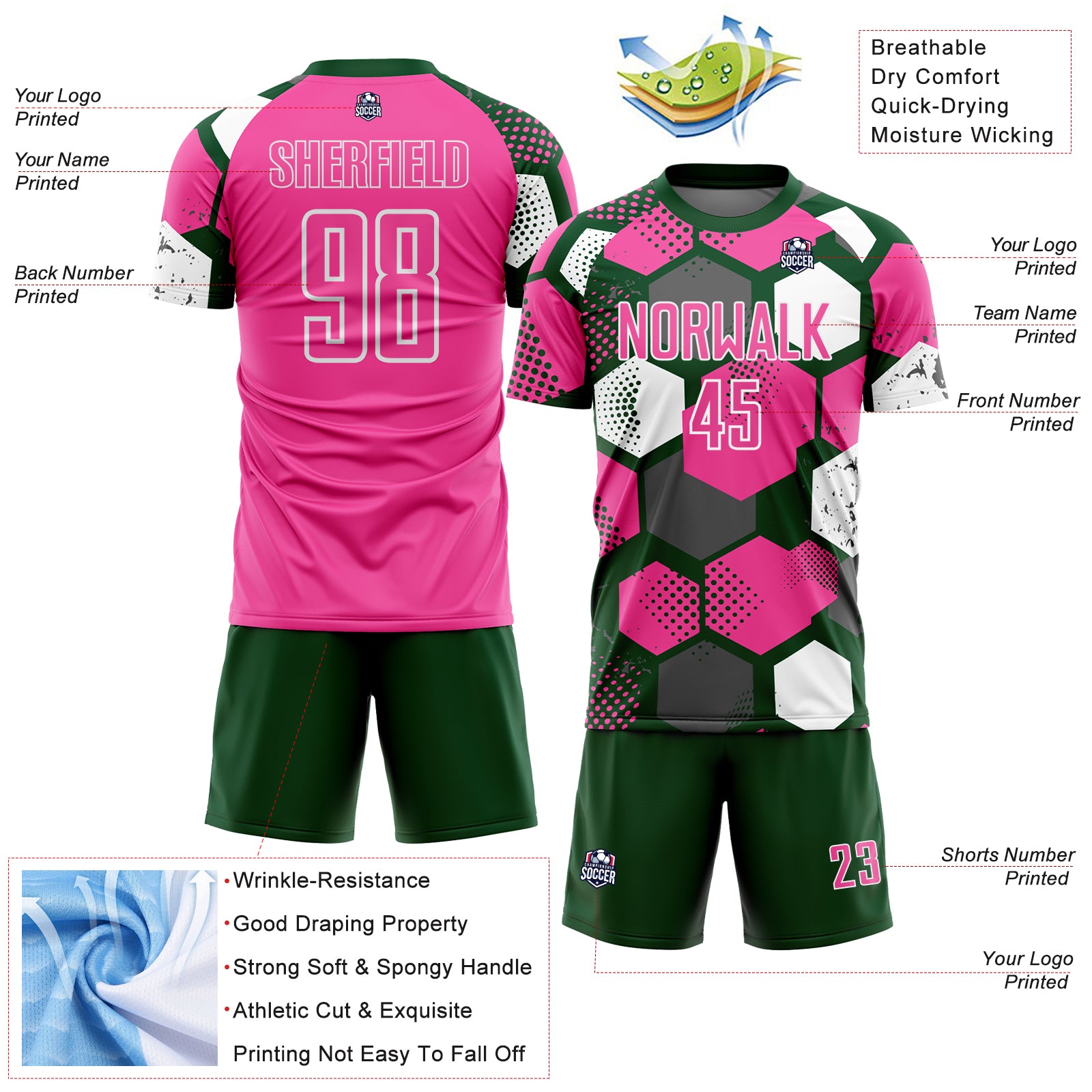 Custom Green Pink-White Geometric Shape Sublimation Soccer Uniform Jersey