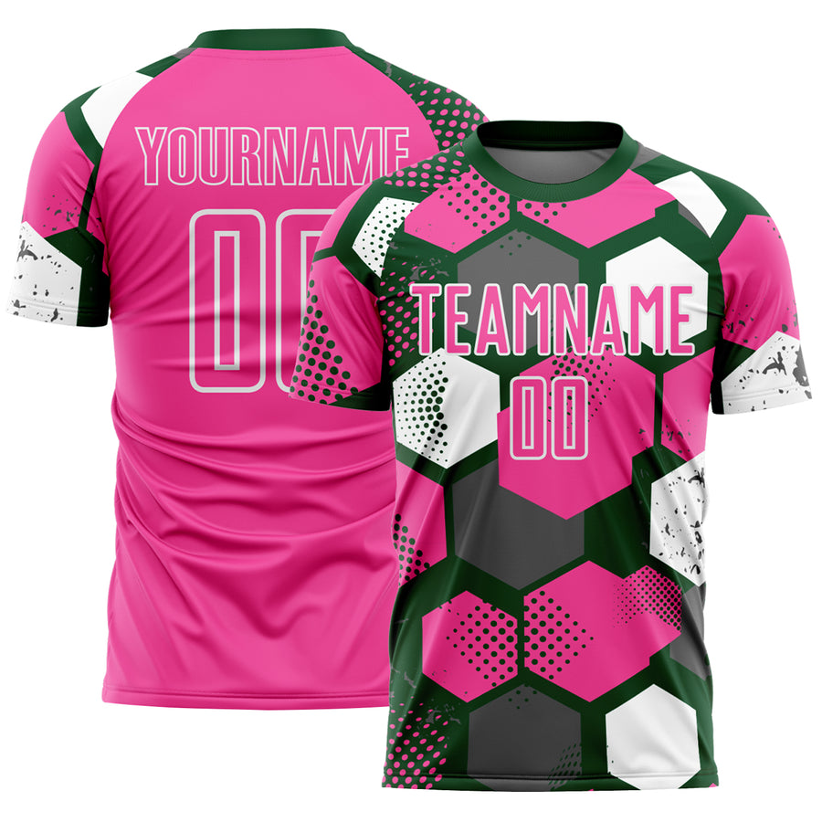 Custom Green Pink-White Geometric Shape Sublimation Soccer Uniform Jersey