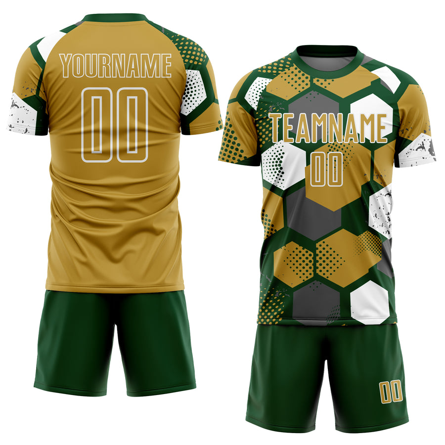 Custom Green Old Gold-White Geometric Shape Sublimation Soccer Uniform Jersey