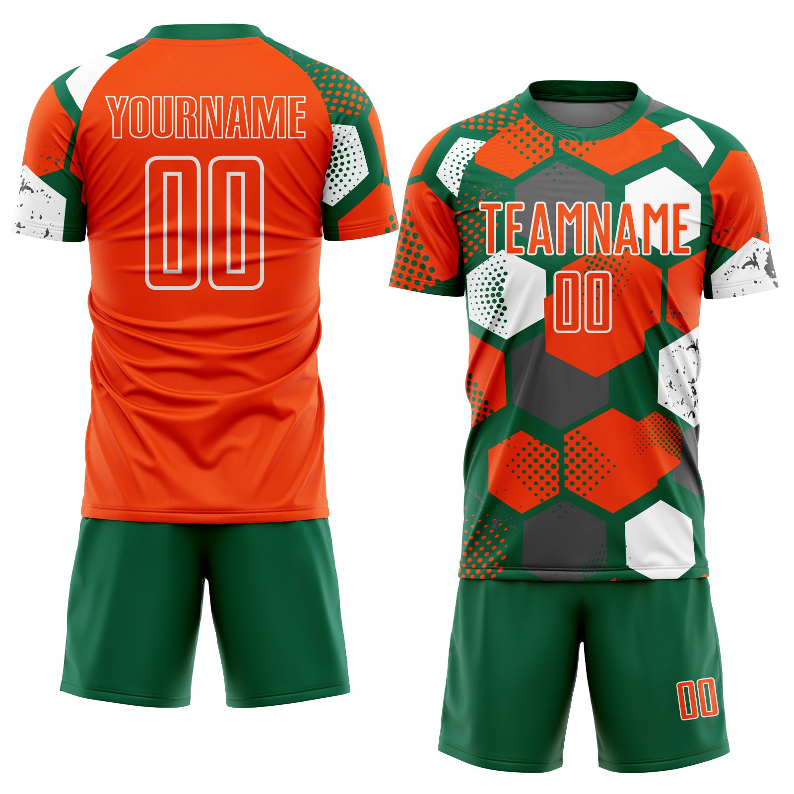 Custom Kelly Green Orange-White Geometric Shape Sublimation Soccer Uniform Jersey