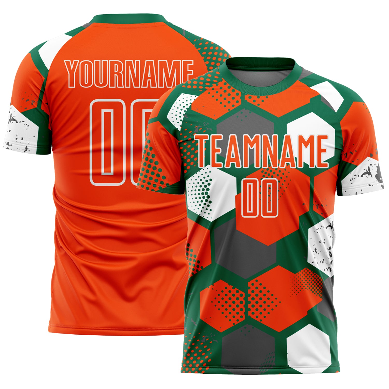 Custom Kelly Green Orange-White Geometric Shape Sublimation Soccer Uniform Jersey